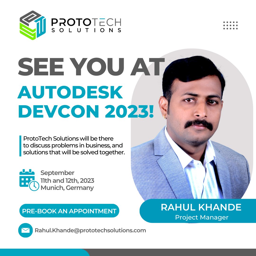 ProtoTechSoln's tweet image. ProtoTech Solutions is joining the Autodesk DevCon 2023 event in Munich, Germany on Sept 11-12!

📩 For appointments and inquiries
📧 Email: Rahul.Khande@prototechsolutions.com
 📱  Phone: +91- 9503509192

See you at Autodesk DevCon 2023 in Munich! 

#AutodeskDevCon2023