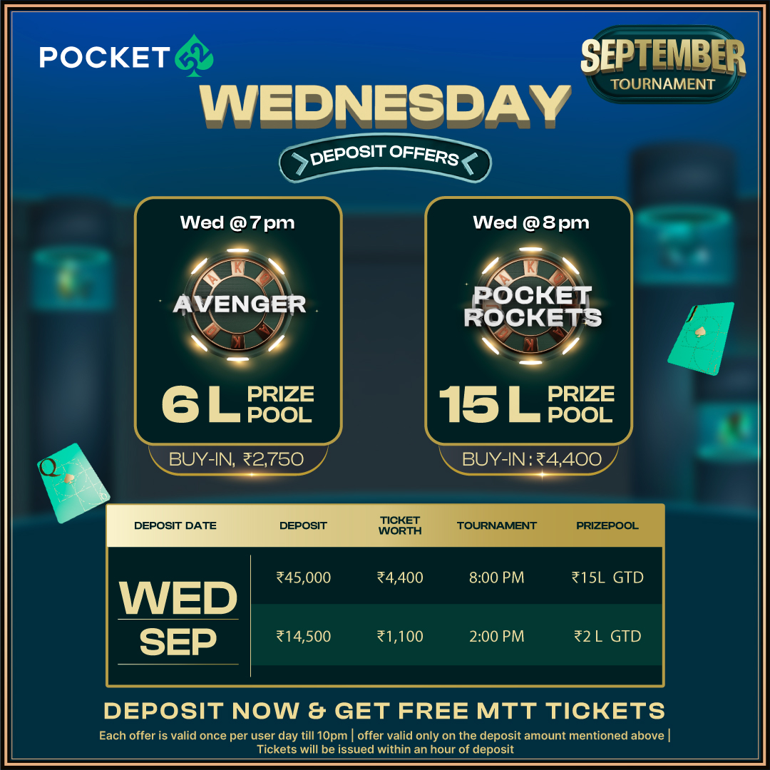 Don't let Wednesday pass you by without a little extra action!
Deposit now for added excitement 🚀💰 

👉 bit.ly/P52_AddCash

#Pocket52 #Poker #DepositWednesday #WinBig #AbClubBadlo #WednesdayGaming #PokerWednesday