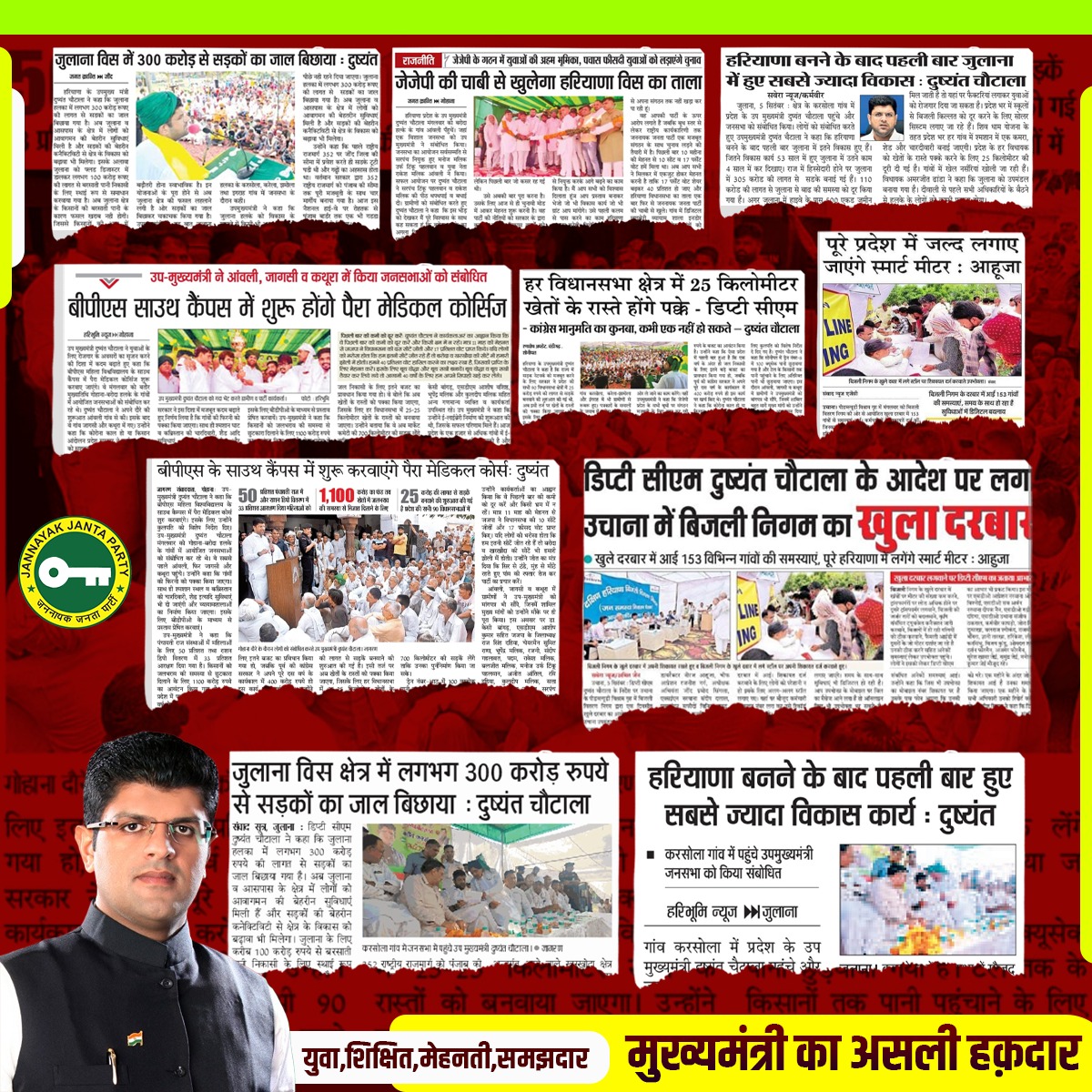 Virendersindhu's tweet photo. आज के प्रमुख अखबारों में लोकप्रिय उपमुख्यमंत्री दुष्यंत चौटाला जी के कार्यक्रमों और उनके सम्बोधन की सुर्खियां। https://t.co/21T3ZpjJOH