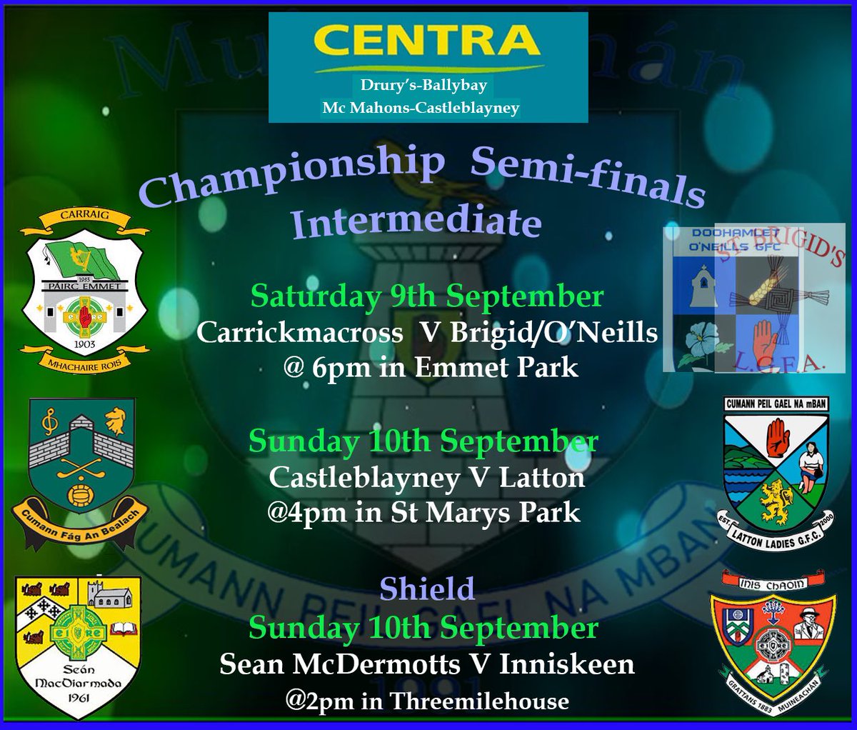 Monaghan_LGFA's tweet photo. Championship Semi Final weekend 
Good luck to all teams, who have reached the Semi Finals. 
Show your support to all teams 
@Combilift  Proud Sponsors of the Senior Championship 

 McMahon centra Castleblayney Drurys Centra Ballybay Proud Sponsors of the Intermediate &amp; Junior 👌🏻 https://t.co/FkruAZnDKf