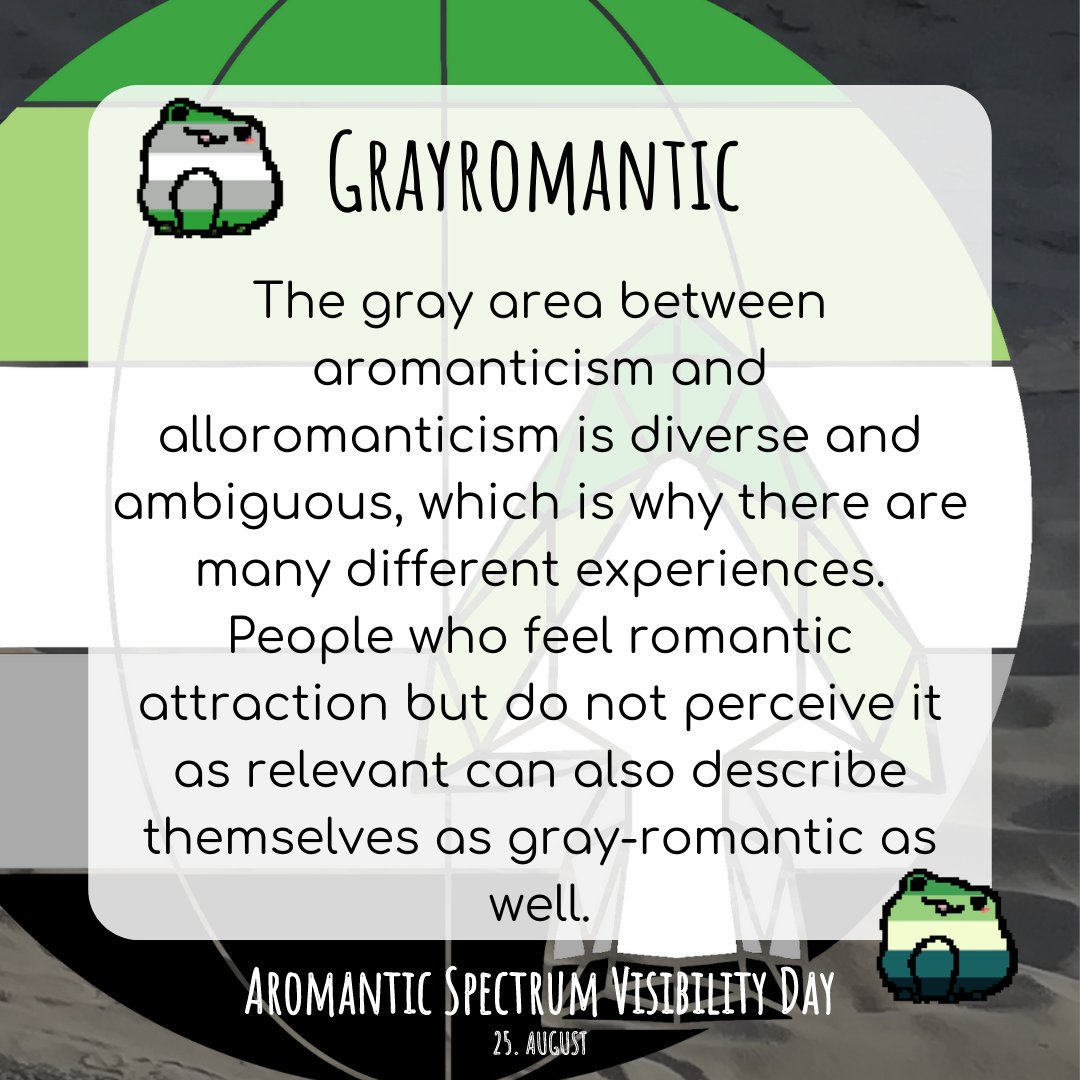 arospectrumday's tweet photo. After a short rest, here we are again, back with more infos about the aromantic spectrum.
Stay tuned for more!
Today the green-grey-white striped frog wants to tell you about grayromanticism.
#grayaro #grauromantisch #gray #grayro #aromanticspectrum #arospec #tas #aroday #aro https://t.co/HhbqCxOsU3
