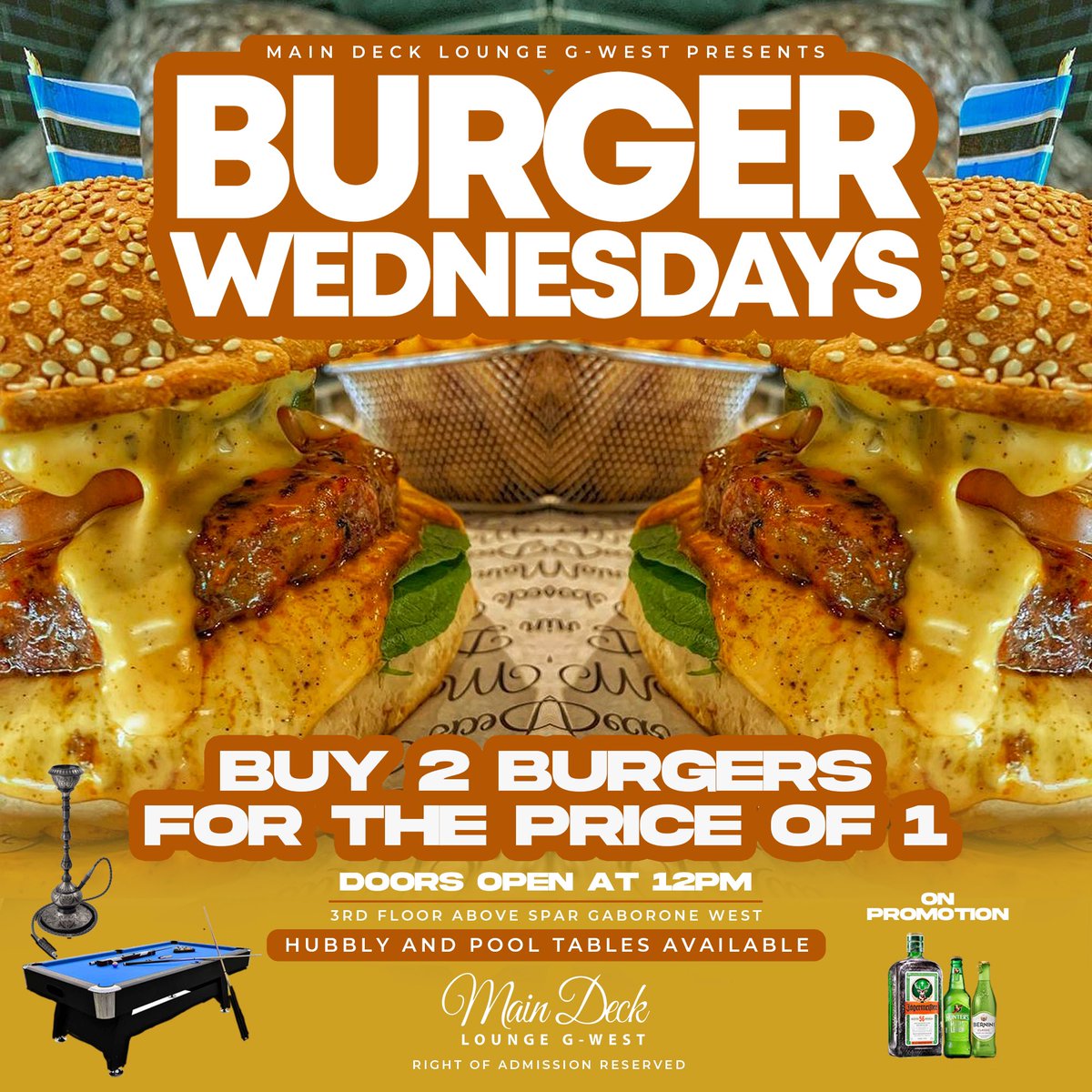 German_Dollar's tweet photo. Purchase any Burger Meal and get 1 for free at Main Deck Lounge G-West every Wednesday! Doors open at 12pm!
#MainDeckBotswana https://t.co/1qpOy9Vur3