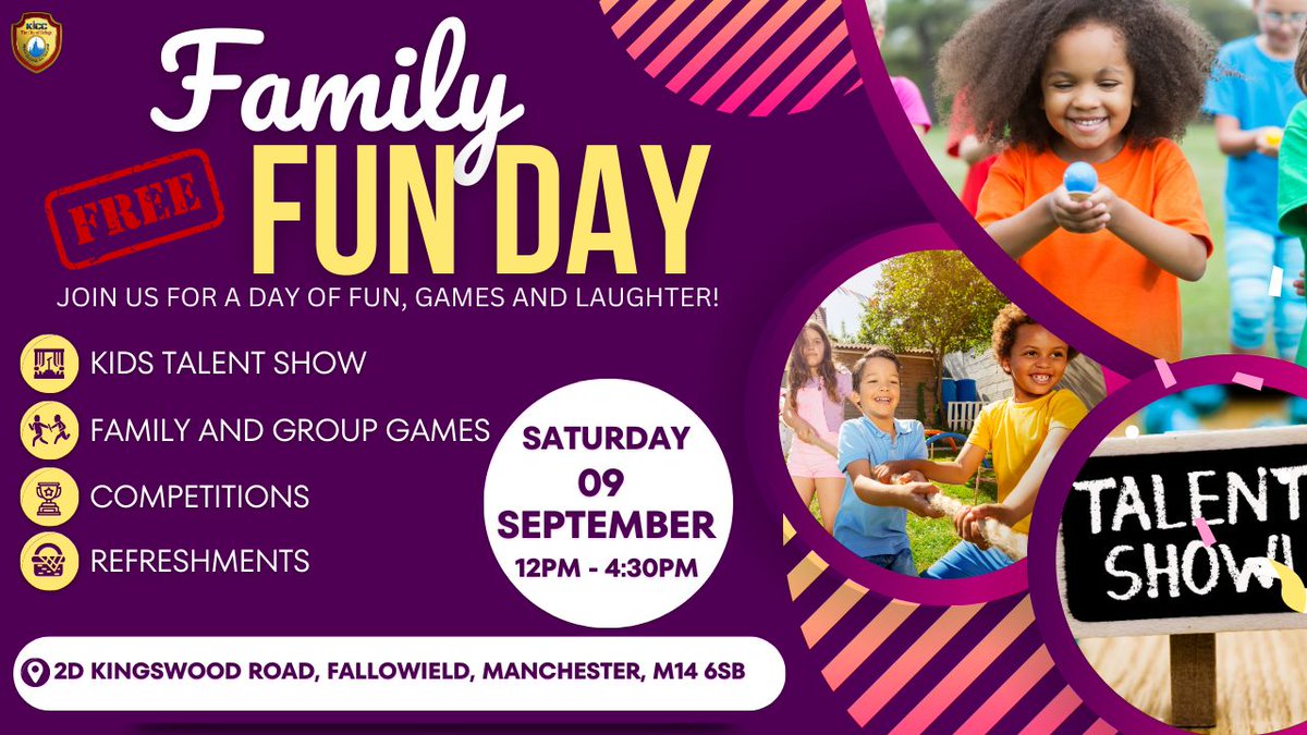 KICCityOfRefuge's tweet photo. On the 9th of September 2023, we will be hosting a free family fun day, filled with different activities.

Venue: K.I.C.C. The City of Refuge, 2D Kingswood Road, Manchester, M14 6SB. Doors open at 12pm.

Tickets: https://t.co/Kuf99jF9KE

#didsbury #familyfun #games #free #event https://t.co/RcS71dEEJx