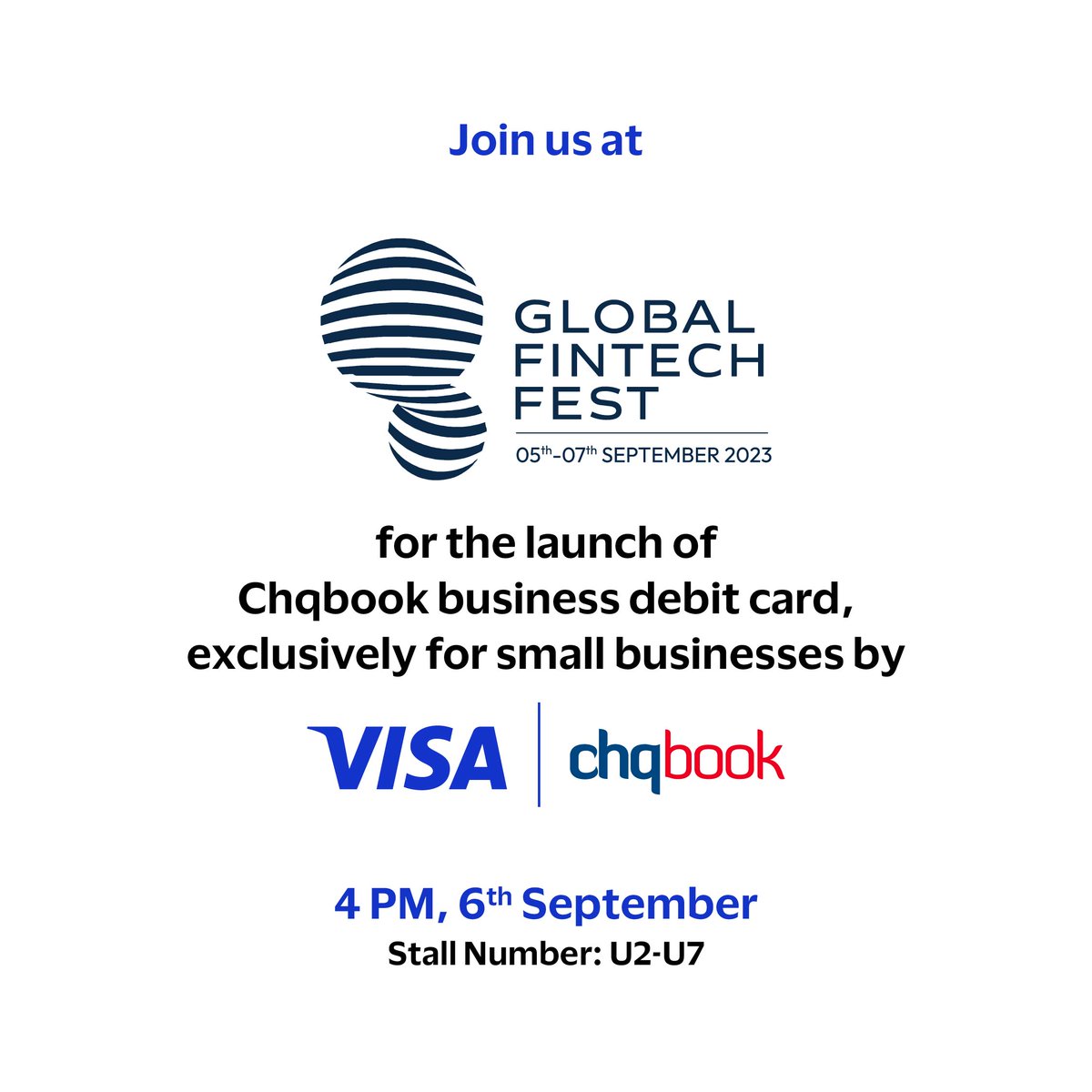 Join us at the Visa Stall for the launch of the <a href="/chqbook/">Chqbook</a> Visa Business Debit card! 
The card aims to empower millions of small businesses in India with the ease of cashless payments and a suite of exclusive rewards.