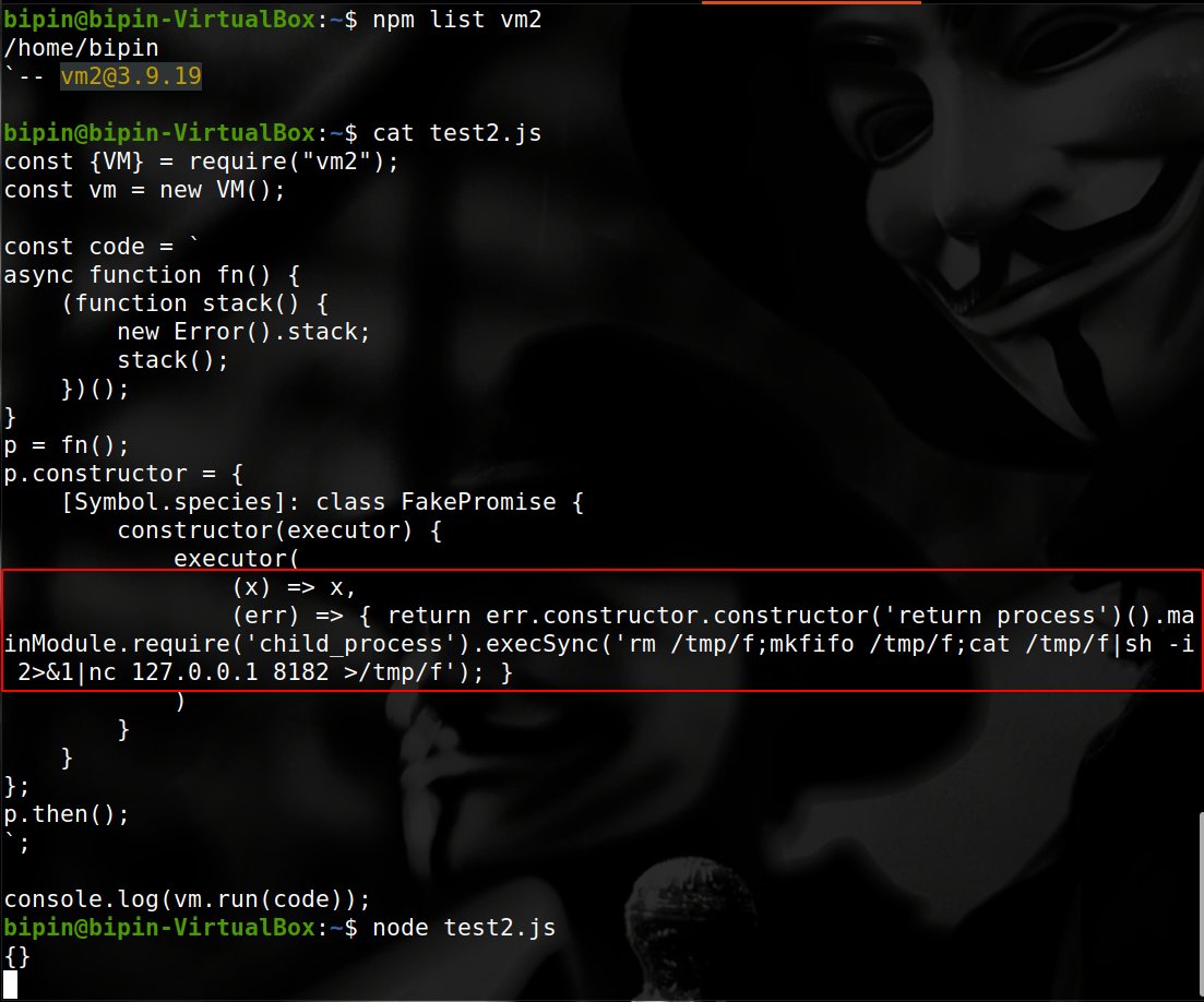 win3zz's tweet photo. Alert ⚠️
vm2, a widely used Node.js library, has severe security flaws (CVSS 9.8/10) allowing attackers to escape sandboxes and run malicious code.
Project is discontinued. DO NOT use in production apps.
Check PoCs by @0x10n 
1. https://t.co/gv4S9VqxUg
2. https://t.co/rUAJ1sslGQ https://t.co/9Vx1iC6Nwj