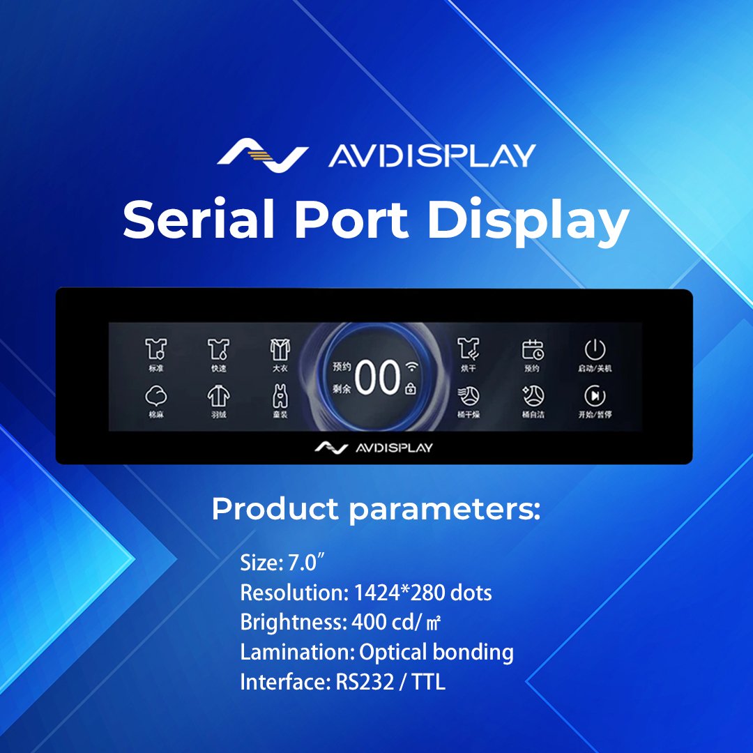 On the photo you will see the AV-Display 7.0” serial port display with a resolution of 1424*280 dots, integrated CTP, and brightness is 400 cd/m📷.
If you are working on a project, where you consider using a serial port display, please feel free to contact AVD.