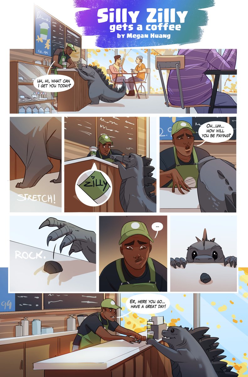 MeganHuang5's tweet image. all of the Zilly pages (and concept) together, for those that missed the second page... (or possibly the first page?) 

he's just smol and parched. 🥺🥺🥺

#godzilla #ghidorah #kingghidorah #toho #kaiju #coffee
