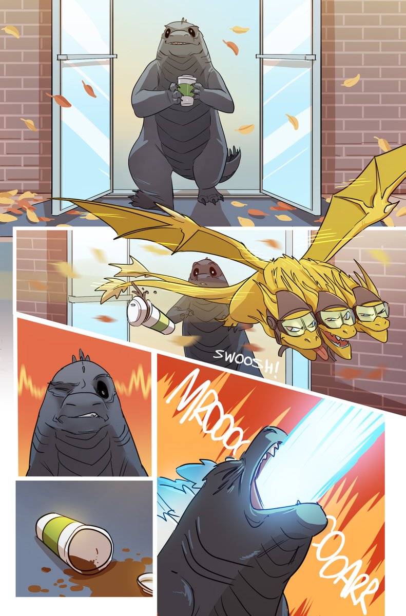 MeganHuang5's tweet image. all of the Zilly pages (and concept) together, for those that missed the second page... (or possibly the first page?) 

he's just smol and parched. 🥺🥺🥺

#godzilla #ghidorah #kingghidorah #toho #kaiju #coffee