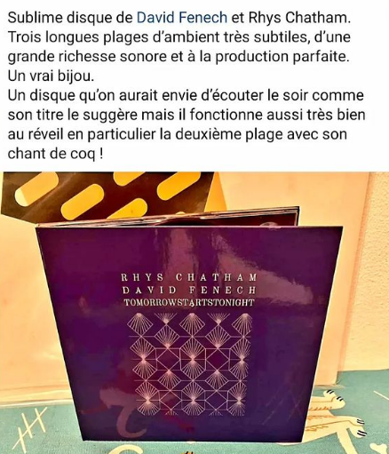 davidfenech's tweet photo. "A sublime album by David Fenech + Rhys Chatham.
Three long, subtle ambient tracks, with a richness of sound and perfect production.
A real gem."
Thanks Cyril Lacaud !
#RhysChatham + #DavidFenech
#TomorrowStartsTonight #CD
#KlangGalerie / #JamesPlotkin https://t.co/LHL2NU6Hpa