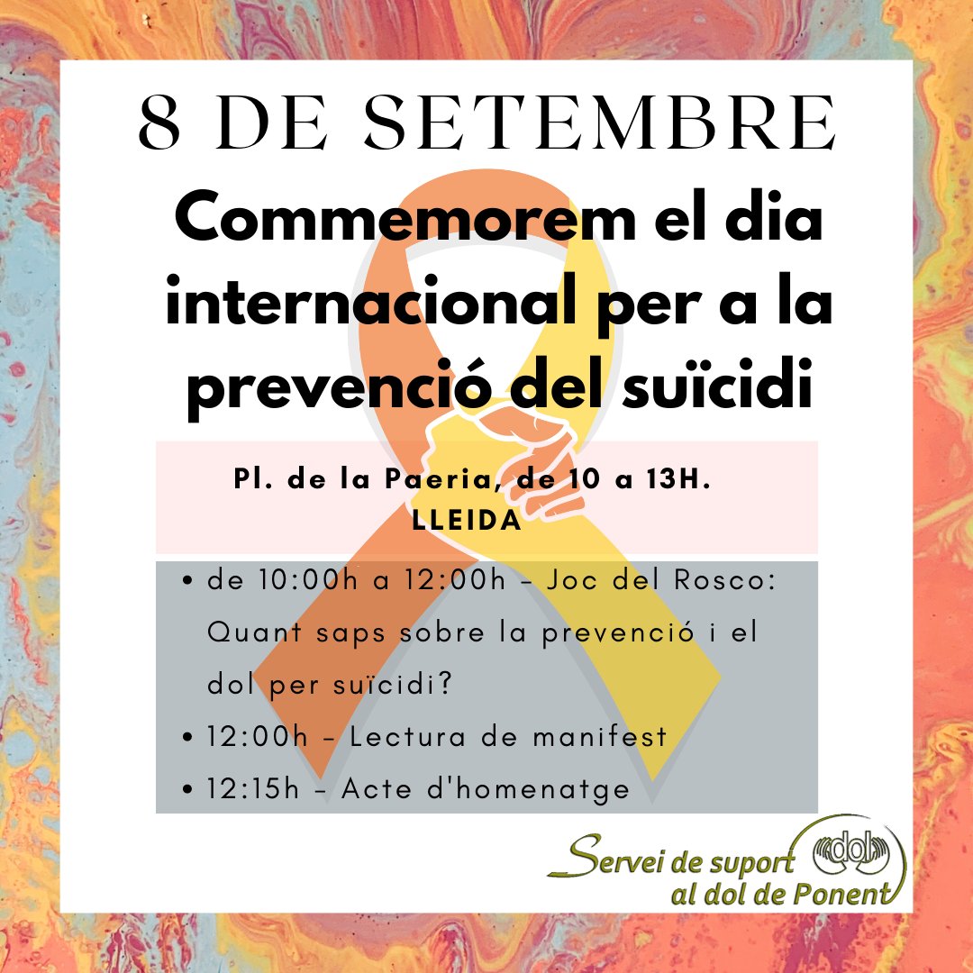 suportaldol's tweet photo. Aquest divendres tenim a #Lleida una cita per visibilitzar la realitat del #suïcidi, reivindicar més mitjans per la prevenció i fer un  homenatge (12H.) a víctimes i famíliars. A més, us posarem a proba amb un rosco "Pasapalabra". Si pots, ajuda'ns a fer difusió. T'hi esperem! https://t.co/rmoAbBudxj