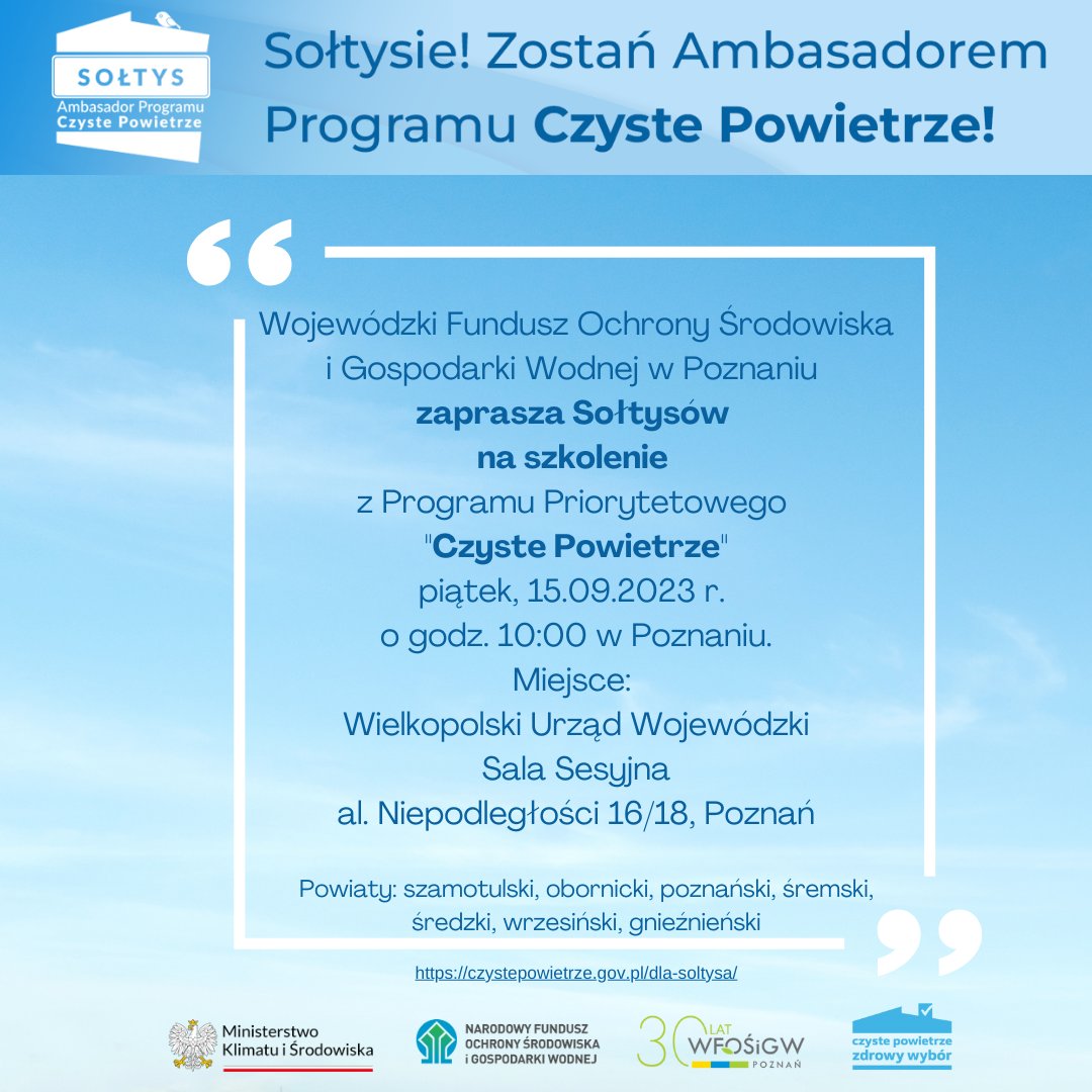 ℹ WFOŚiGW w Poznaniu zaprasza Sołtysów z woj. wielkopolskiego na spotkanie szkoleniowe nt. Programu Priorytetowego Czyste Powietrze w ramach projektu "Sołtys Ambasadorem Czystego Powietrza🌬

📆15.09.2023 r. o godz. 10 zapraszamy Sołtysów do Poznania👍

<a href="/NFOSiGW/">NFOŚiGW</a> 
<a href="/MKiS_GOV_PL/">Ministerstwo Klimatu i Środowiska</a>