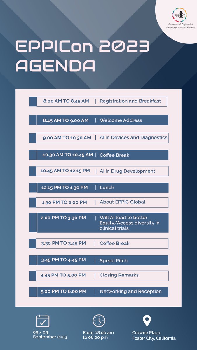 EPPICON 2023 is only 3 days away! This year EPPICon will take place on Saturday Sept 9 at the Crowne Plaza, 1221 Chess Drive, Foster City, California.

Register at lnkd.in/dsCZGCF6 to participate in the theme - "Will AI Enable Better Outcomes, Access, and Equity?"