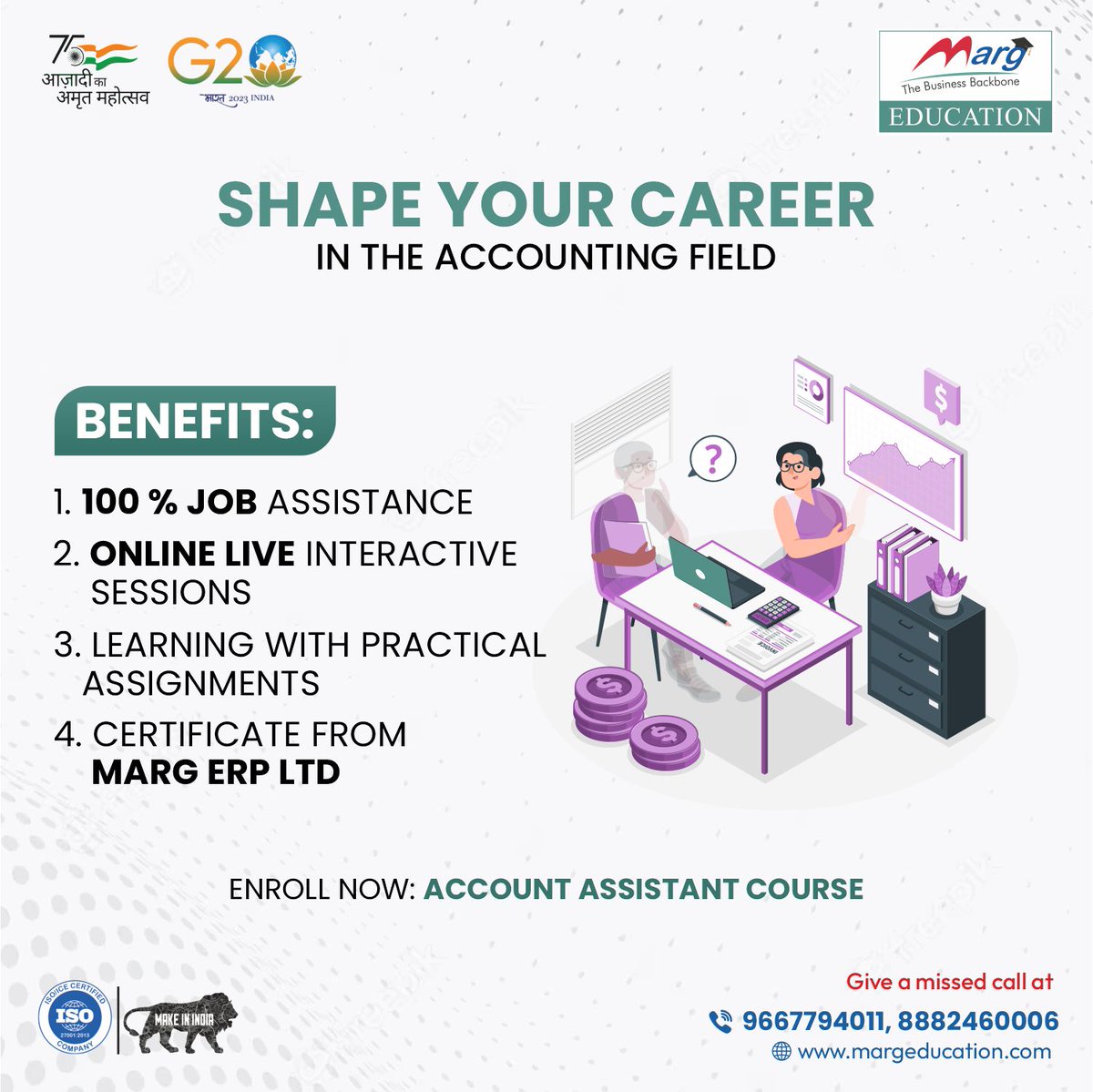 #ShapeYourCareer in Accounting! 🎓 ✅ 100% Job Support 💻 Live Online Sessions 📝 Practical Assignments 📜 Certificate by Marg ERP Enroll at margeducation.com 🌟 #AccountingCourse