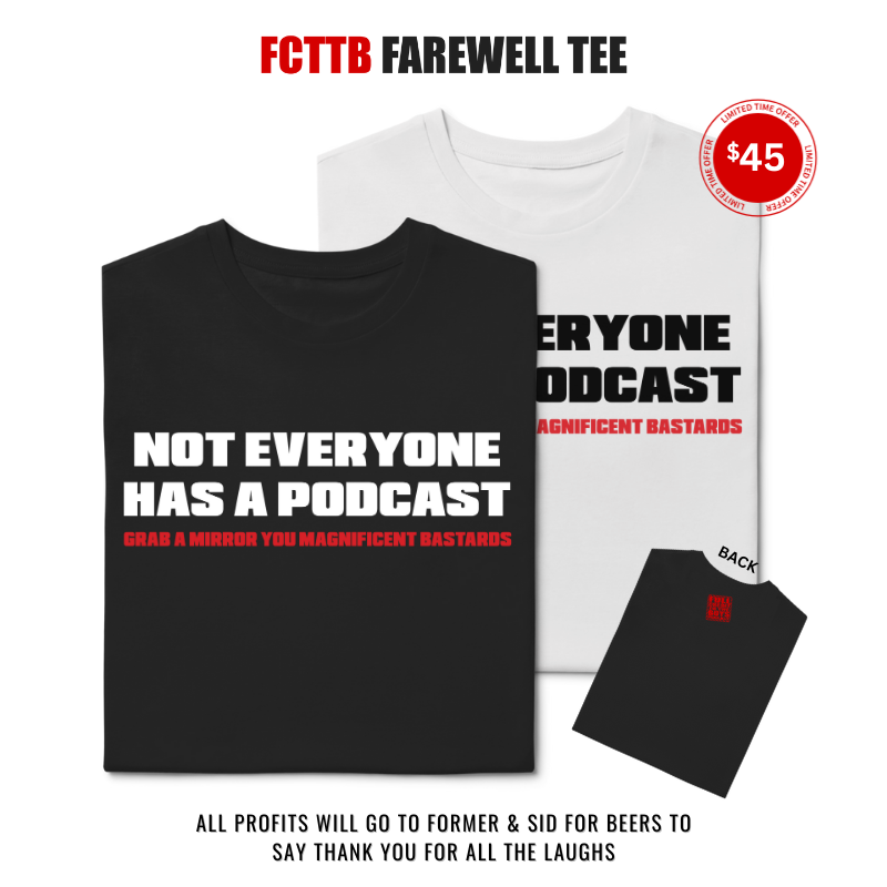 Meh_Ink's tweet photo. Meh Ink have taken it upon themselves to make available a FCTTB Farewell Tee. Profits to go to the magnificent bastards @Former_legend and @sidpunts to say thank you for all the laughs. Buy a tee to buy the boys a beer! π» #fcttb #GAM #FcttbBestBits https://t.co/I9kFHnM1DS https://t.co/NWLQyFtV68