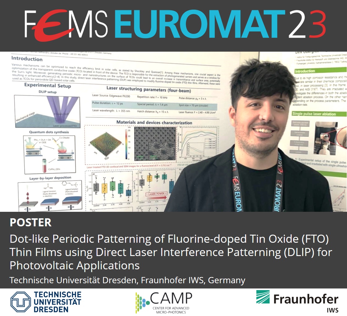 Andres Fabian Lasagni (@andreslasagni) on Twitter photo CAMP is at the EUROMAT 2023
Poster presentation:
Heffner, H. (Speaker); Brunner, J.; Lasagni, A.F.; Vaynzof, Y.
<a href="/tudresden_de/">TU Dresden</a>
<a href="/FraunhoferIWS/">Fraunhofer IWS</a>
#FEMS
#EUROMAT2023 CAMP is at the EUROMAT 2023
Poster presentation:
Heffner, H. (Speaker); Brunner, J.; Lasagni, A.F.; Vaynzof, Y.
<a href="/tudresden_de/">TU Dresden</a>
<a href="/FraunhoferIWS/">Fraunhofer IWS</a>
#FEMS
#EUROMAT2023
