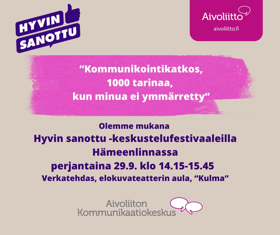 Kehityksellistä kielihäiriötä esiintyy 7 % ikäluokasta, puheen kehitys viivästyy jopa 19 prosentilla lapsista. Tietoisuuden lisäämiseksi järjestämme Hyvin sanottu -festivaaleilla 29.9., HML:n Verkatehtaalla, keskustelun Kommunikointikatkos - 1000 tarinaa, kun minua ei ymmärretty.