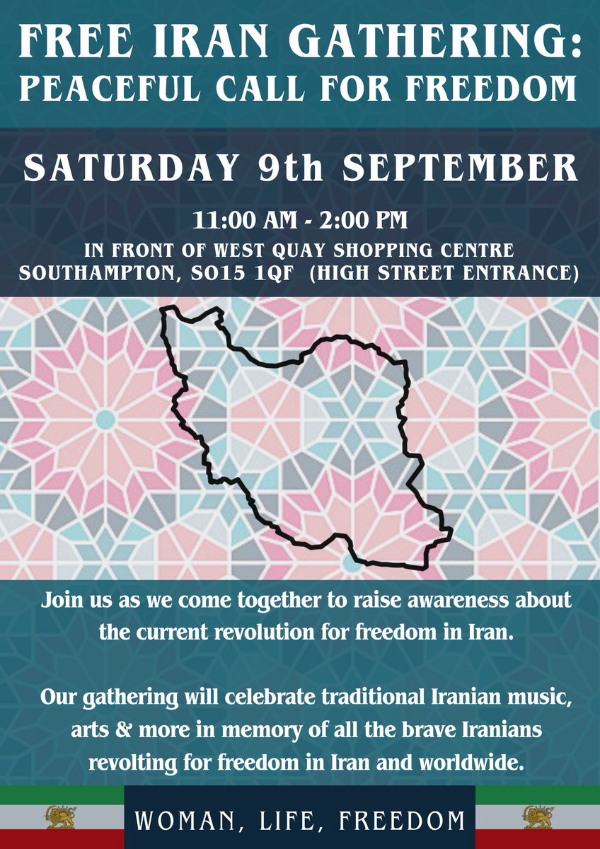 This Saturday we will be holding a gathering in #Southampton to mark the one year anniversary of the current #revolution in #Iran &amp; to celebrate our beautiful culture &amp; pay our respects. Our community event is for everyone &amp; we hope you can join us. #WomanLifeFreedom