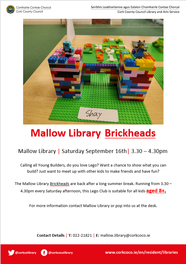 corkcolibrary's tweet photo. Calling all young builders: #Mallow Library Brickheads are back! Want to make new friends, have fun and show us what you can build? Come along any Saturday 3.30 – 4.30pm and prove to us who the true Brickheads are! Starting Sept 16th. Suitable for ages 8+ https://t.co/CqbFDJDLFm https://t.co/wgntZ7gGr2