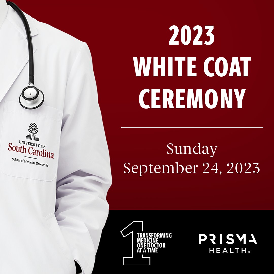 Join us virtually on 9/24/2023, to Celebrate our M1 Students during the USC SOMG Class of 2027 White Coat Ceremony! Event will be streamed live on our USC SOMG Facebook Page. #USC, #UofSC, #USCSOMG, #TransformingMedicine, #greenvillesc, #GreenvilleDrive, #FluorField, #WhiteCoat