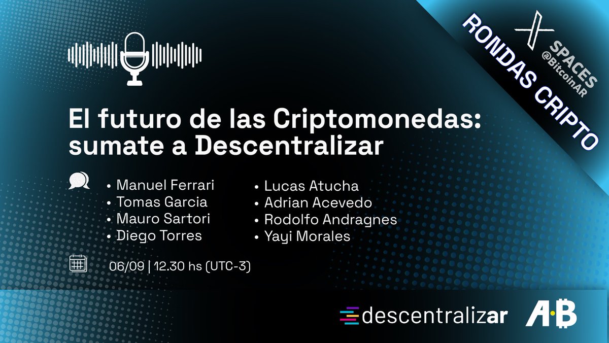 BitcoinAR's tweet photo. Un #Space muy esperado el de hoy sobre #DescentralizAr2023 🤩👏🏽 Nos vemos acá a las 12:30 🕧 https://t.co/5E22rewP64