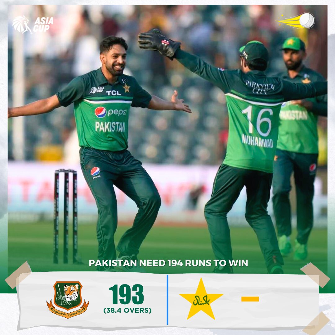 SportsExprress's tweet photo. Pakistan's fiery pacers 🔥, led by Haris Rauf (4-19), bowled out Bangladesh! 

Only one partnership, a 💯 between Shakib Al Hasan and Mushfiqur Rahim threatened to challenge. 

Pakistan requires 194 for victory. 🏏

#PAKvBAN | #AsiaCup23 | #BackTheBoysInGreen | #PakistanCricket https://t.co/QmmTF7aI5m