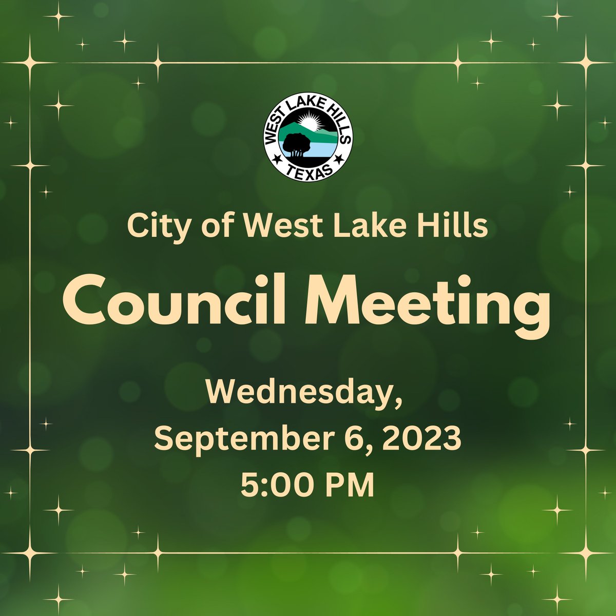The West Lake Hills City Council will meet on Wednesday, September 6, 2023 at 5 PM in the Council Chambers at City Hall (911 Westlake Drive). All meetings are open to the public and citizens are encouraged to attend.
