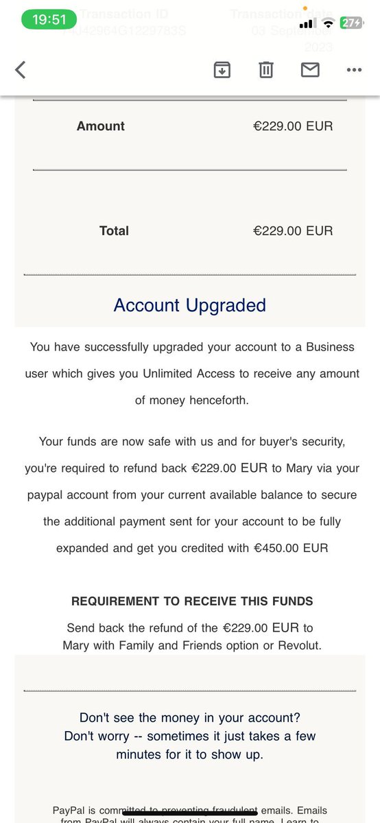 ⚠️ SE DOVESSE SCRIVERVI QUESTA PER COMPRARE UN BIGLIETTO DA VOI O VENDERVENE UNO NON VI FIDATE, ha provato a raggirarmi mandando email finte di paypal come questa nelle foto e pensando mi arrivassero i soldi le ho mandato il biglietto senza mai riceverli realmente, ovviamente +