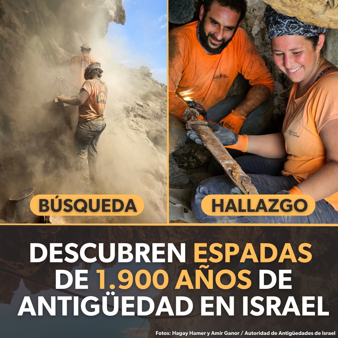 IsraelinSpanish's tweet photo. IMPRESIONANTE: Cuatro espadas ⚔️ de 1.900 años de antiguedad fueron descubiertas en el Parque Nacional #EinGedi.

Los arqueólogos creen que fueron escondidas por rebeldes judíos luego de haber sido tomadas del ejército romano como botín de guerra.

📸 @AntiquitiesIL https://t.co/8LnLjsTRFQ