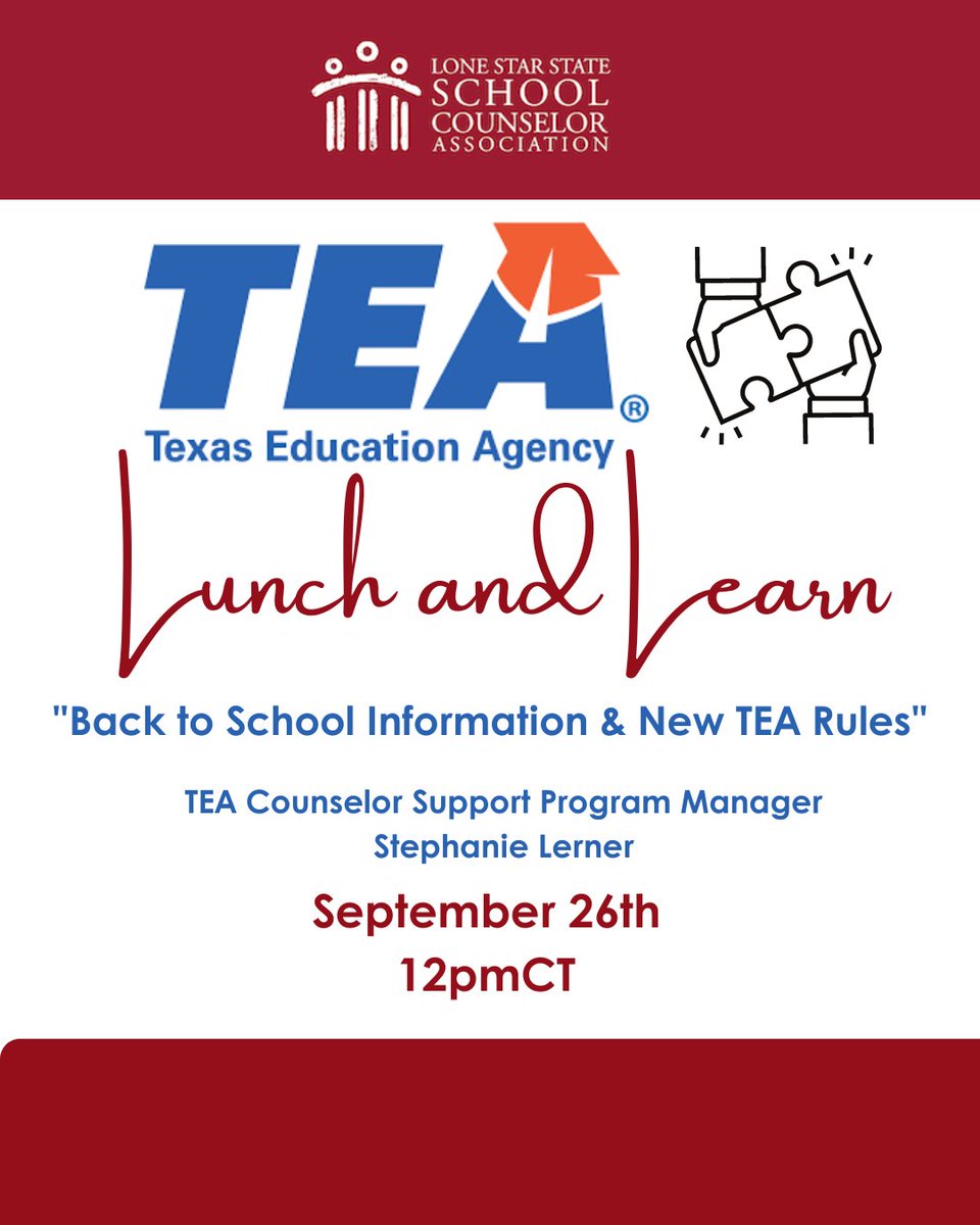 Texas School Counselors! SAVE THE DATE! We will host our annual TEA Lunch & Learn w/ our very own TEA Counselor Support Program Manager, Stephanie Lerner! ❤️ Zoom link can be found in newsletter! Share w/ friends!