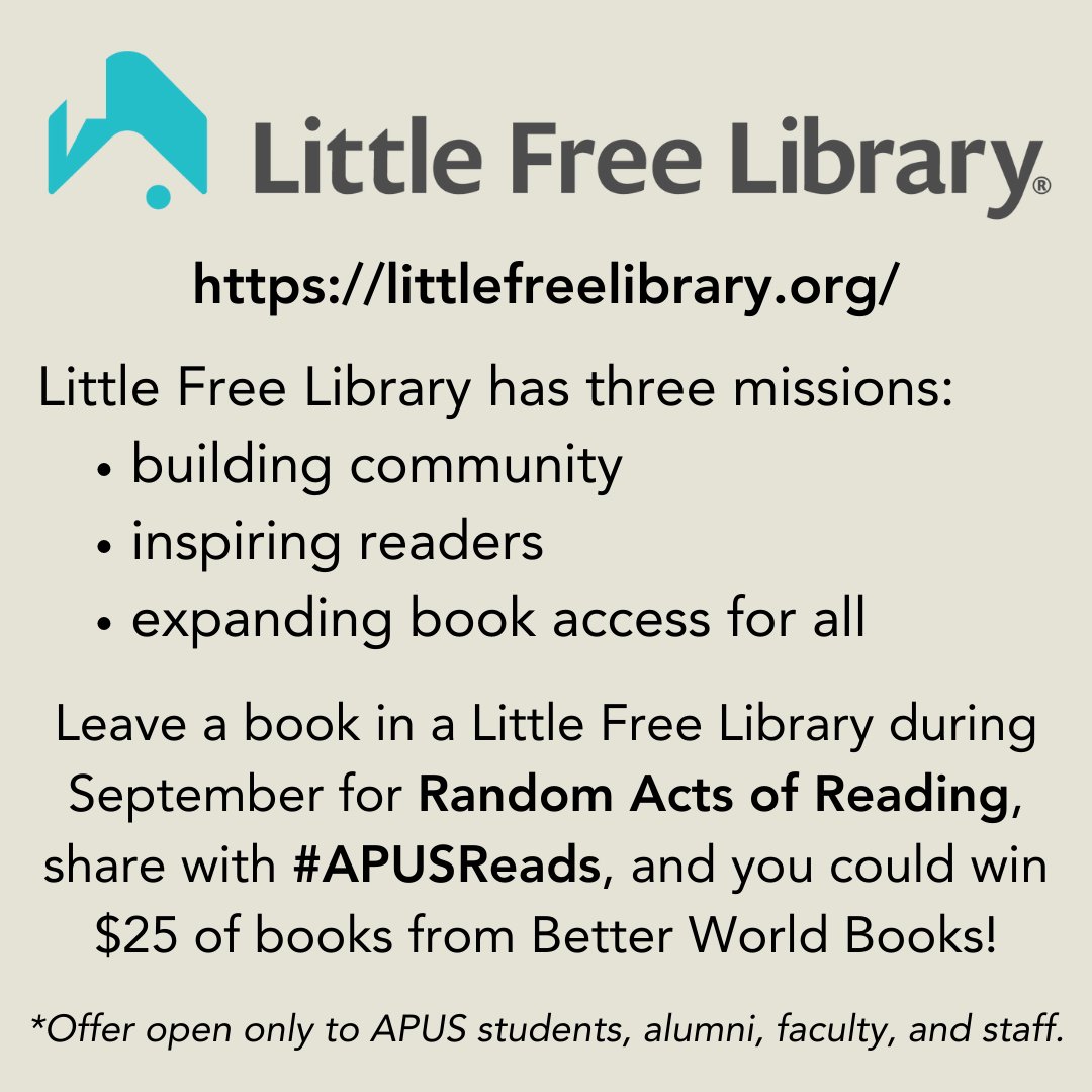 APUS_READ's tweet image. Donating a book to a Little Free Library near you is an easy way to spread literacy in your community!

#APUSReads #LittleFreeLibrary #RandomActsofReading
@LittleFreeLibrary @AmericanMilU @AmericanPublicU @APUSPRteam
