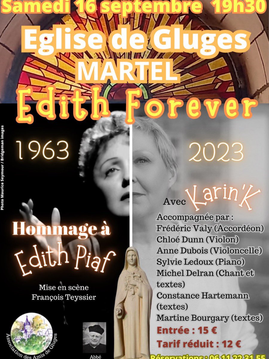 Bonjour à tous 
N’hésitez pas à réserver votre ou vos place pour le concert #hommage #Edithpiaf 🥰🥰🥰🥰