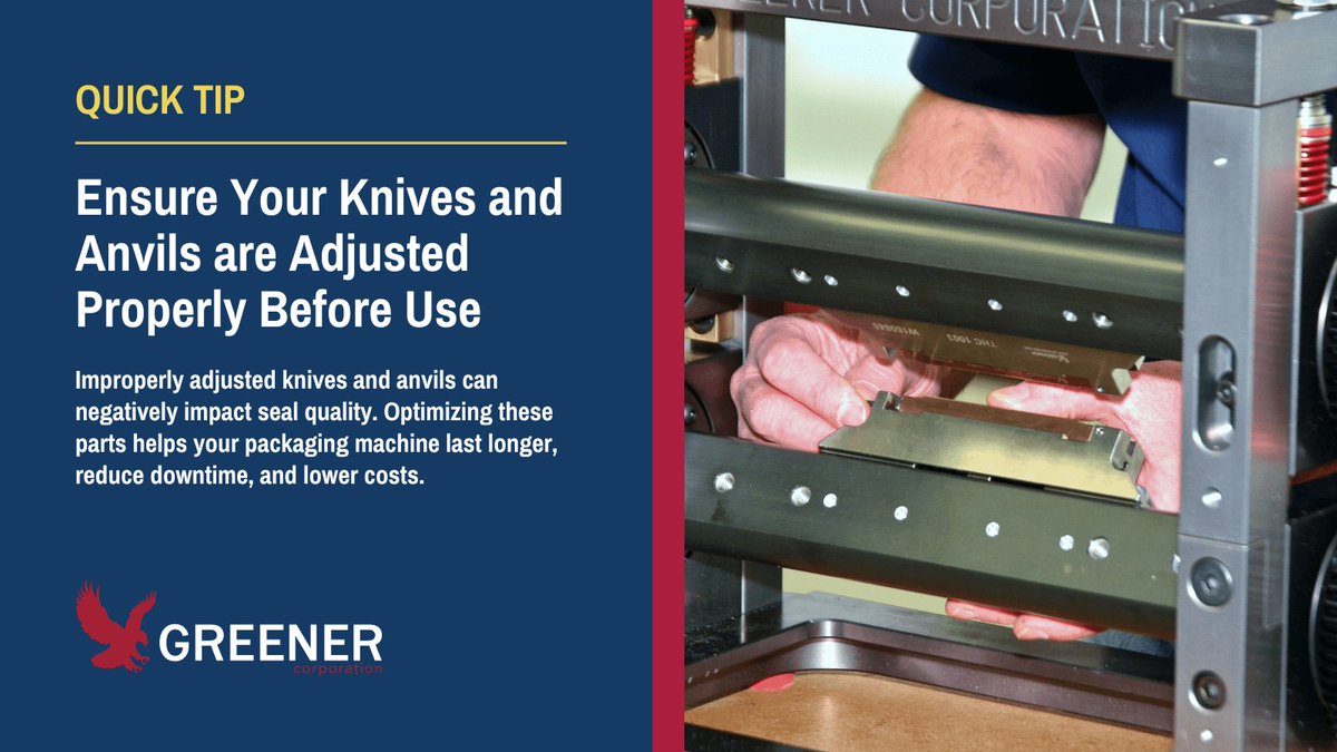 GreenerCorp's tweet image. QUICK TIP:  Optimizing knife, anvil design, and set-up help the parts on your packaging machinery last longer, reduce downtime, and lower costs. Adjustments will maintain the effectiveness and efficiency of production.

#packagingmachine #industrialpackaging #packagingautomation