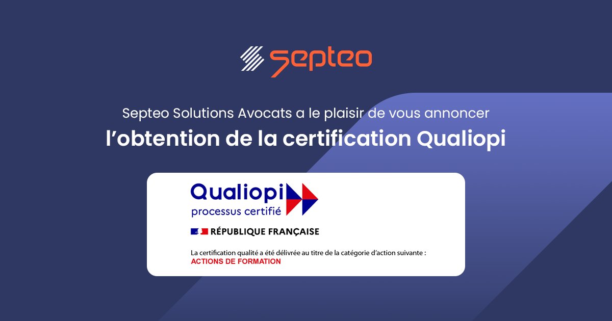 SEPTEO_AVOCATS's tweet photo. Septeo Solutions Avocats a obtenu la certification #Qualiopi 🎉

Qualiopi atteste de notre conformité au Référentiel National Qualité et vous permet de faire financer par les fonds publics et mutualisés, des formations professionnelles sur l'utilisation de nos solutions ✨ https://t.co/XE2jDBL697