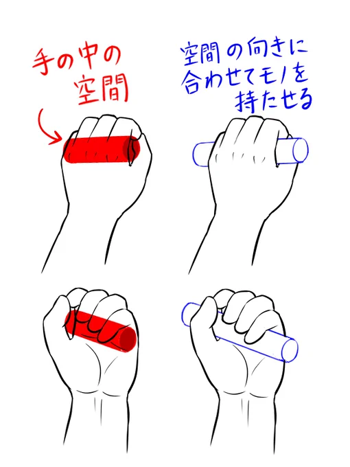 モノを持つ手が変な人は手の中の空間を考えていないんだとおも。

#イラスト

空間(赤い部分)にしかモノがハマらないと解っていれば、空間より大きなモノを持たせてモノが指を貫通したりモノの向きが捩れたりしない。

間違い①貫通
https://t.co/QWDzRFhlgX
間違い②捻れ
https://t.co/5Dflhg0LQ8 