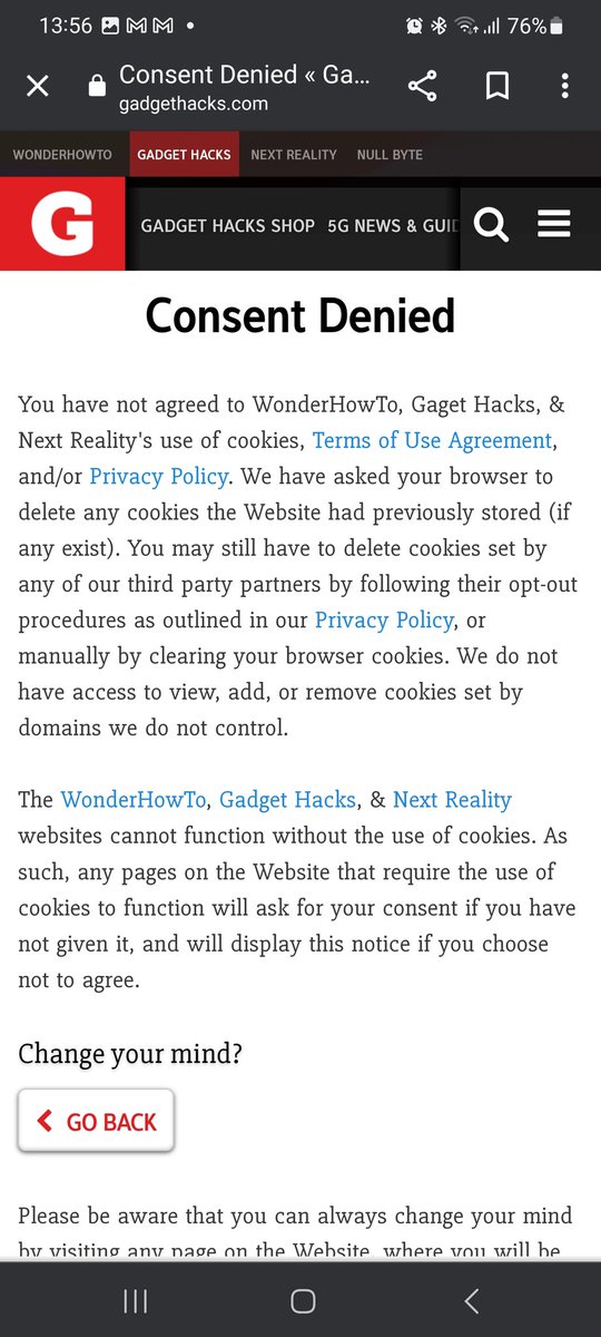 Y otra puta web que al no permitir las cookies no te deja ver nada; @GadgetHax fuck you for this shitty implementation of denying access for not allowing access to cookies, a user should be able to access to your web without having to be monitored via cookies or any other means