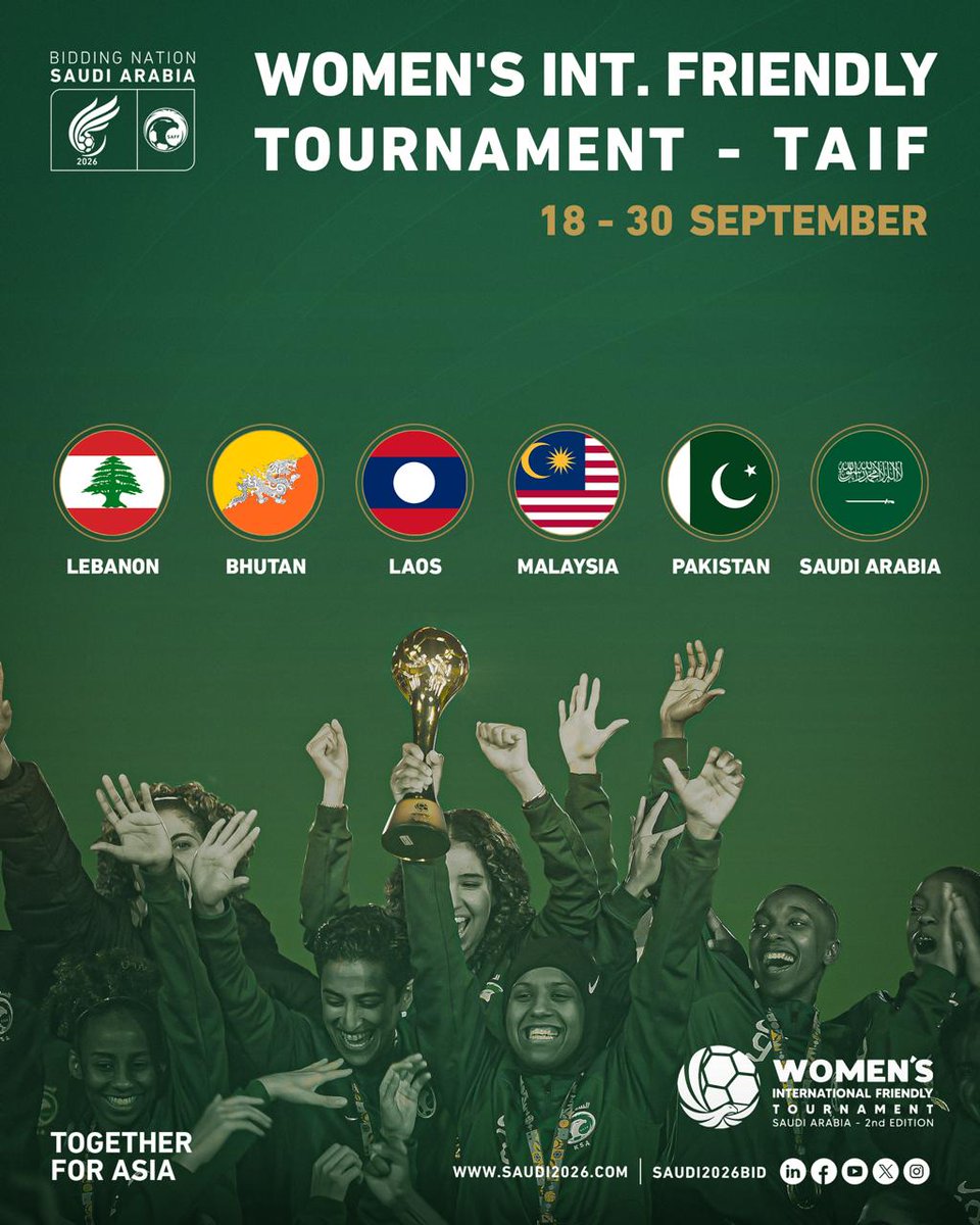 Saudi2026Bid's tweet photo. Another exciting event for Women's Football in Saudi Arabia 🇸🇦

6️⃣ nations vy for gold 🏆
The 2nd edition of the Women's International Friendly Tournament 😍
📍 Taif, Saudi Arabia

#Saudi2026 | #TogetherForAsia https://t.co/rQYKNOnb6k