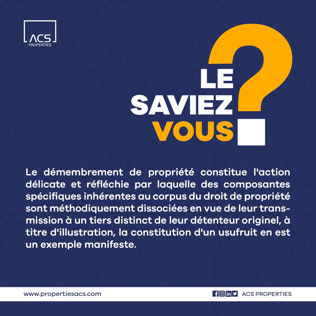 #DémembrementDePropriété #GestionDePatrimoine #Usufuit #DroitDePropriété #TransmissionDePatrimoine #InvestissementImmobilier #StratégiePatrimoniale #DroitSuccession #TransmissionDeBiens #GestionDeBiens #PlanificationSuccessorale #ACS #ACSProperties