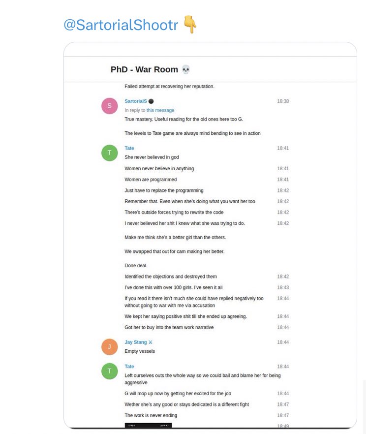 Leenintome2's tweet photo. Logs show how J Sullivan/ @SartorialShootr manipulated women and participated in A Tates PhD war room to groom and human traffic. Tate brags about programming 100 girls. Look how Joules describes women like pieces of meat and wants to learn how to brainwash and control women. https://t.co/AneyIQR2O4