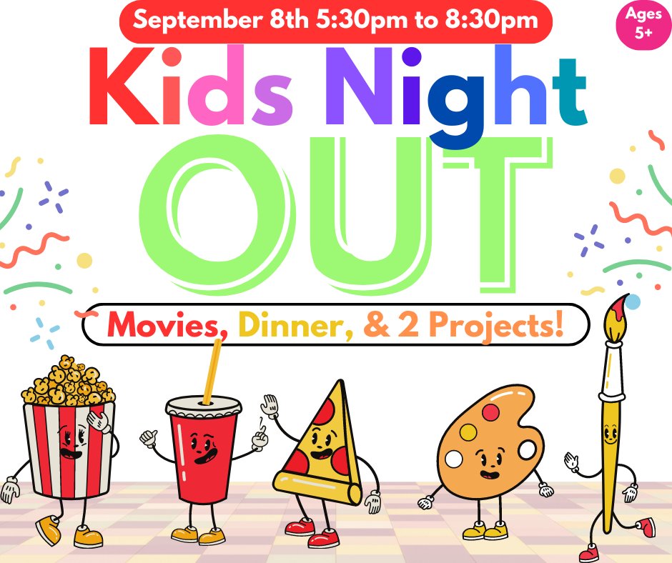 Kid Night Out🎉 September 8th 5:30-8:30pm.Two projects, kids watch a movie, get pizza and dessert, and complete our projects for the night. 
Sign up today! loom.ly/e11afCA
 #secondfriday #KidsNightOut #artist #Kids #painting #clay #pottery #lancaster #fun