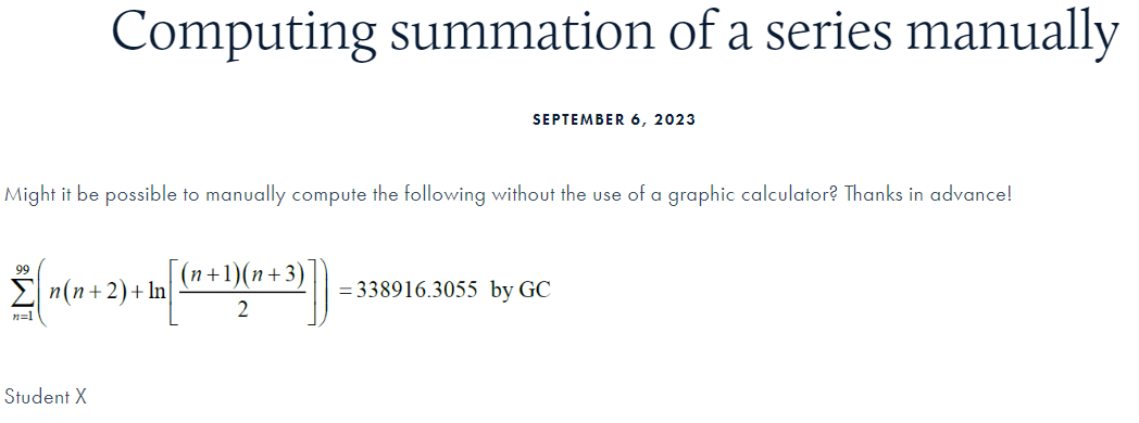 Recently helped shed light on processing a rather complex looking summation of series and sharing the steps+formulae entailed on my supplementary website:

alevel-maths.com/the-mailbox/20…

Hope you will find this useful. Peace.