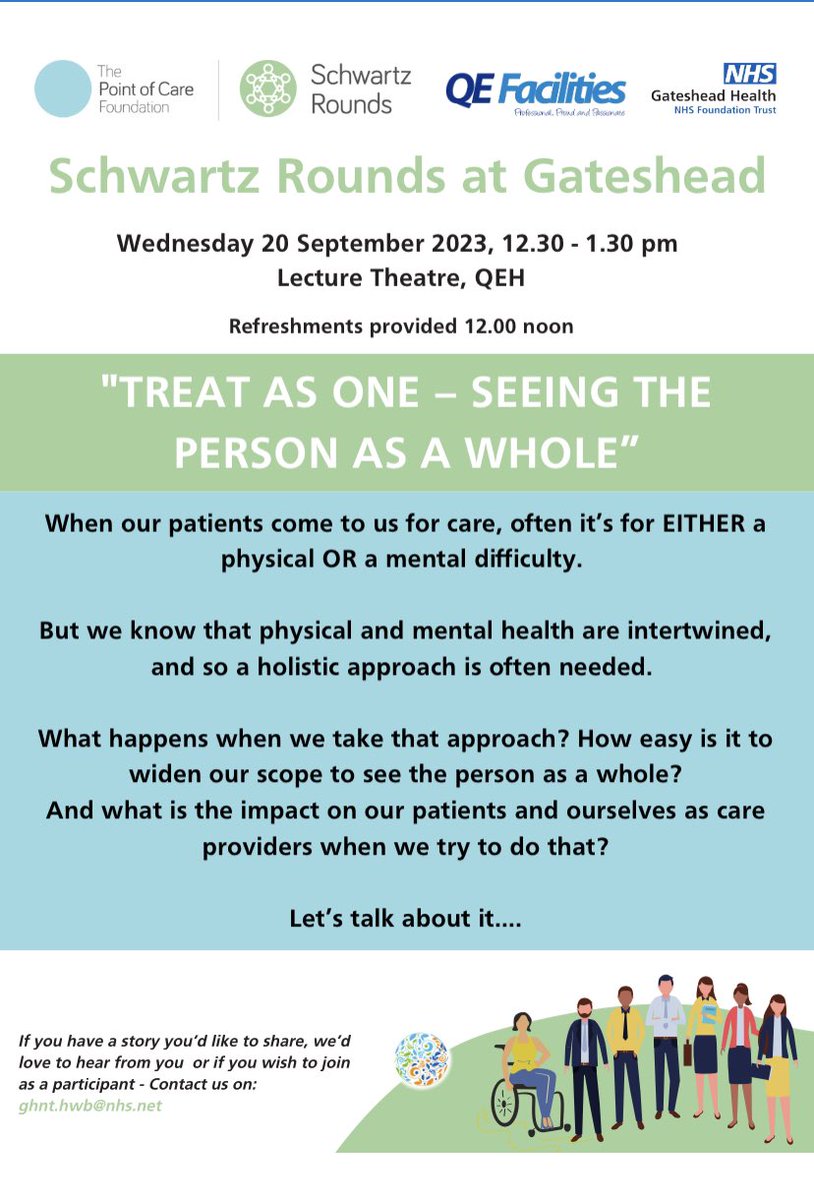 Come and join us at our next Schwartz Round on Wed 20 September, 12.30 – 1.30 pm in the Lecture Theatre, QEH (refreshments available) with the topic “Treat as One – seeing the person as a whole”. 

For more info on Schwartz Rounds 👉 balancegateshead.com/mental-wellbei…
