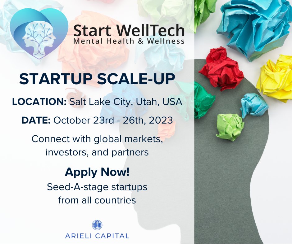 ArieliCapital's tweet photo. 🌎 Seeking ambitious startups that aim to impact people’s wellbeing and lives for the better

🔊 Arieli’s upcoming Start WellTech scale-up program in Salt Lake City, Utah, USA, is accepting applications! https://t.co/gerl6nvRRu

More below 🧵

#MentalHealth #Wellness #Scaleup https://t.co/Ne2DN9kMNd