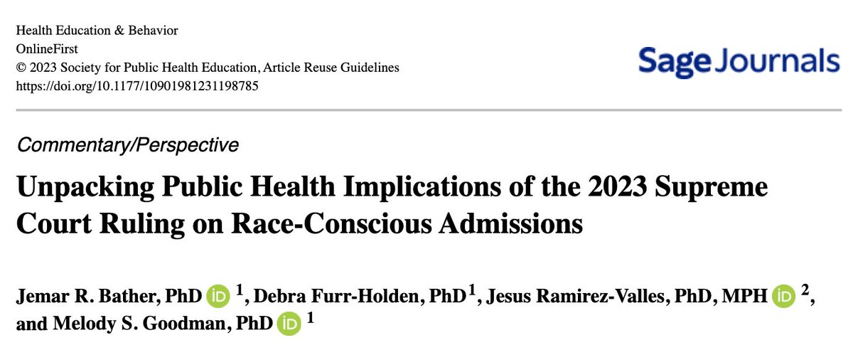 HE&B (@heandb) on Twitter photo ICYMI: "Unpacking Public Health Implications of the 2023 Supreme Court Ruling on Race-Conscious Admissions" is live on our site. Check out this free access piece by @jemarbather <a href="/DrDebFurrHolden/">Dr. Debra Furr-Holden</a> PhD, <a href="/JRamirezValles/">Jesus Ramirez-Valles</a>, and <a href="/goodmanthebrain/">Melody Goodman</a>
ow.ly/OeTV50PIgN3 ICYMI: "Unpacking Public Health Implications of the 2023 Supreme Court Ruling on Race-Conscious Admissions" is live on our site. Check out this free access piece by @jemarbather <a href="/DrDebFurrHolden/">Dr. Debra Furr-Holden</a> PhD, <a href="/JRamirezValles/">Jesus Ramirez-Valles</a>, and <a href="/goodmanthebrain/">Melody Goodman</a>
ow.ly/OeTV50PIgN3