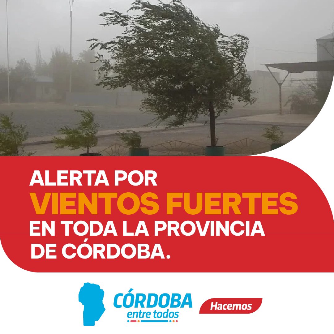 𝗔𝗹𝗲𝗿𝘁𝗮 𝗽𝗼𝗿 𝘃𝗶𝗲𝗻𝘁𝗼𝘀 𝘆 𝗿𝗶𝗲𝘀𝗴𝗼 𝗱𝗲 𝗶𝗻𝗰𝗲𝗻𝗱𝗶𝗼𝘀 ⚠️

🗣️ La Sría. de Gestión de Riesgo mediante el <a href="/HidroCordoba/">Observatorio Hidro-meteorológico de Córdoba</a> informa que a partir de hoy se prevén vientos del sector sur y sudestes provincial con ráfagas que alcanzarían los 65km/💨
