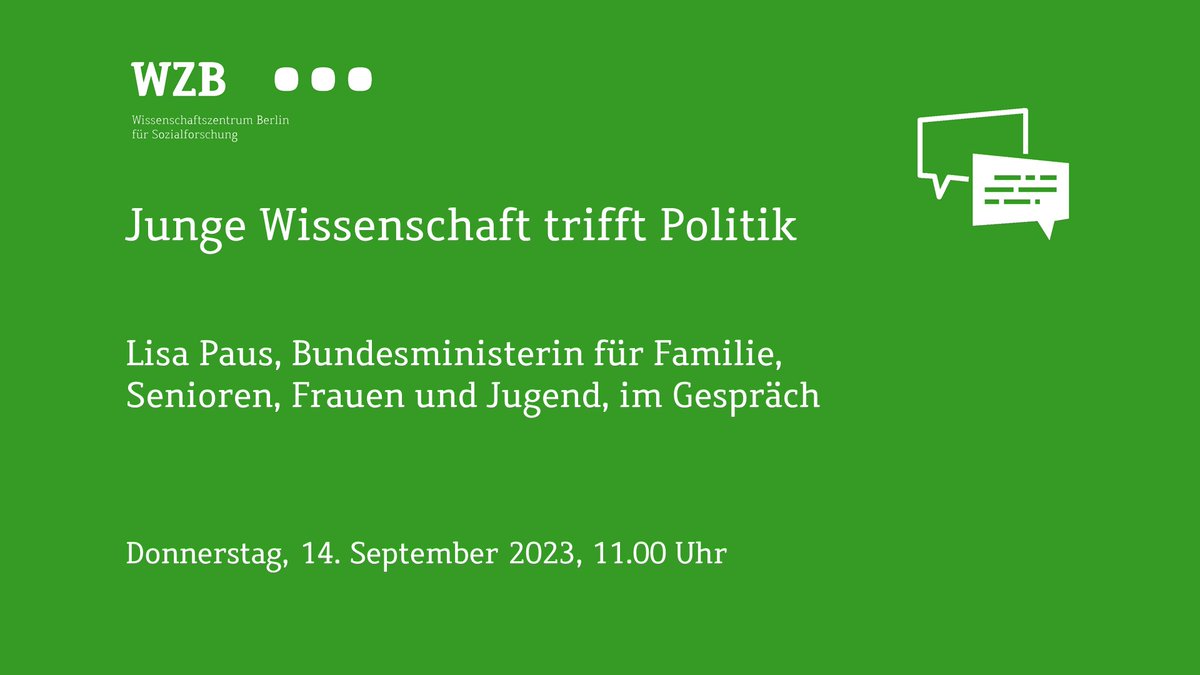 🗓️ Bald haben wir die Bundesfamilienministerin <a href="/lisapaus/">Lisa Paus, MdB</a> (@BMFSFJ) am WZB zu Gast. Mit dabei sind @AnnePiez, @_rohankhan, @juli_a_stier, @ClaravandenBe10 ,@JanaPriemer, Marina Fischer, Sophie Hofmeister, Sandra Leumann &amp; Justyna Stypińska.
Anmeldung👉wzb.eu/de/veranstaltu…