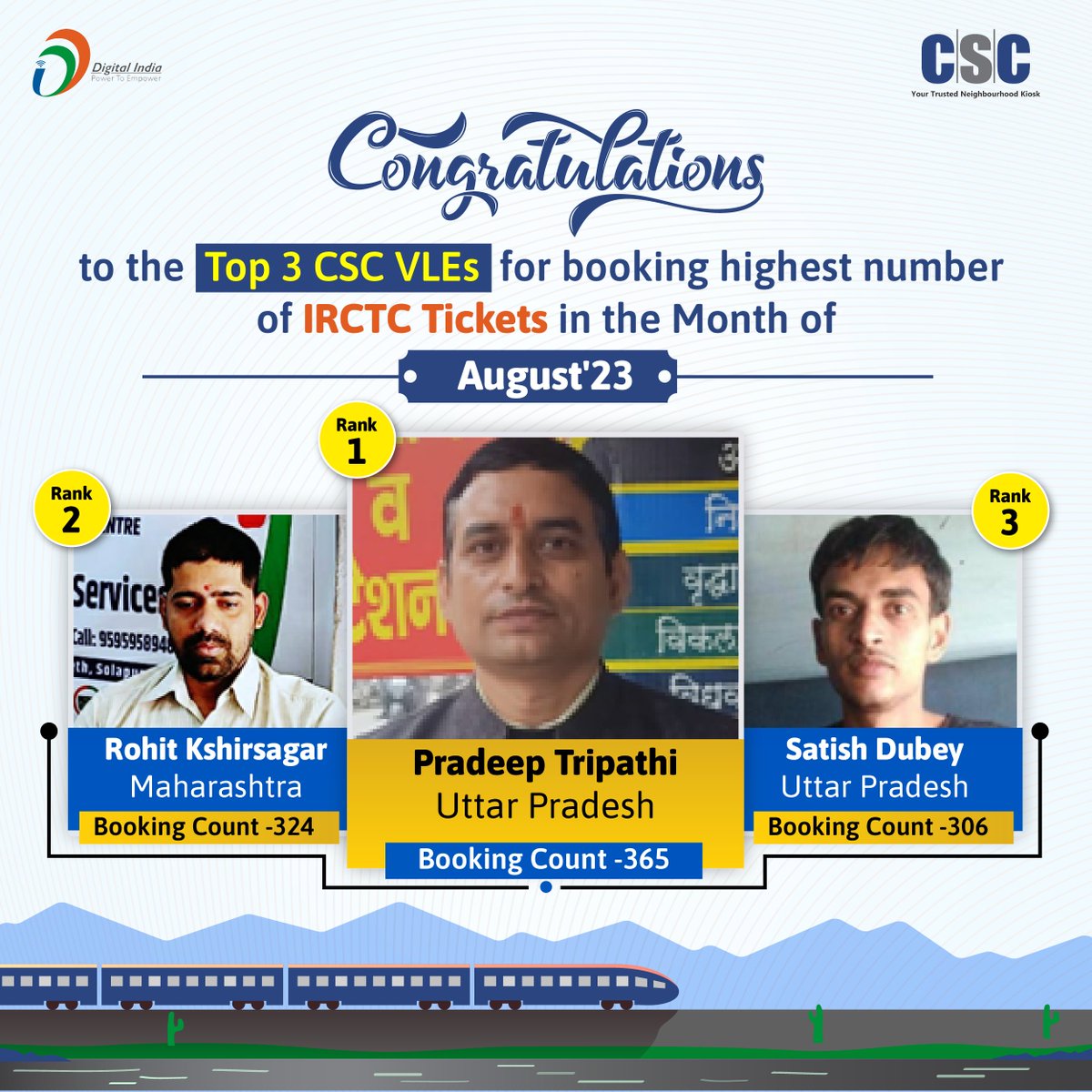 Happy to inform you!!

Congratulations to the Top 3 CSC VLEs for the highest number of IRCTC Tickets Booking in the Month of August'23.

#cscsafar #csc #digitalindia #cscirctcbooking #trainbooking #irctcservices #trainservices