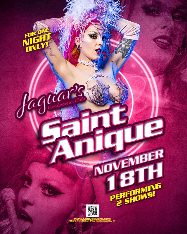ClubJaguarsIndy's tweet photo. 📣St. Anique is bringing her spectacular show to Jaguars on Nov. 18th! Don’t miss the chance to experience her electrifying performances live! 🤩
.
.
.
#SaintAnique #FeatureEntertainer #Jaguars #November #Saturday #ThingsToDoInIndy https://t.co/uUwdjEKAtz