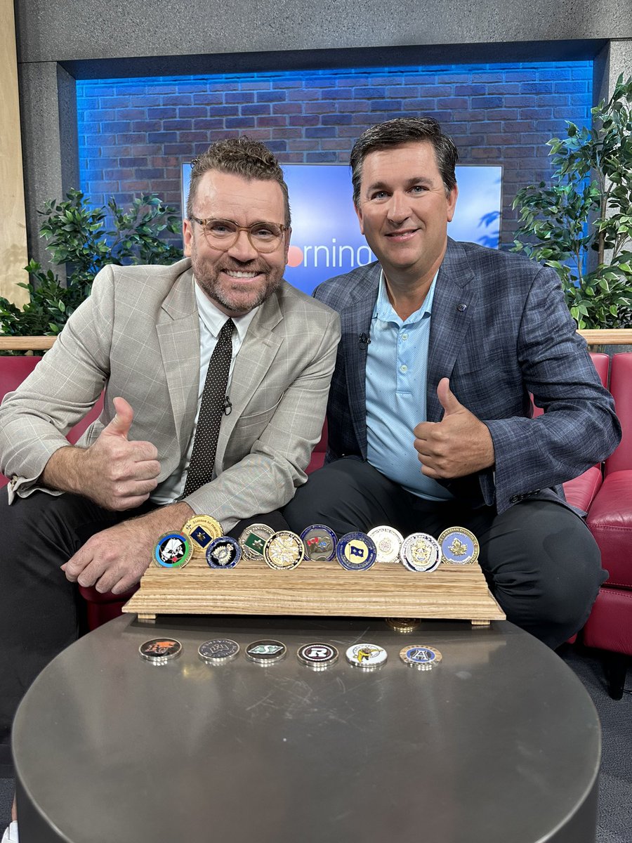 Honoured to have @CFL referee Dave Foxcroft on @morninglive chatting about his final game Monday at #LabourDayClassic He also brought special coins collected over his 22 years flipping coins in the opening toss