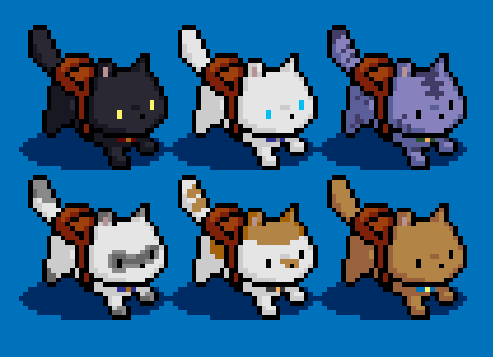 Courier cats! For my game about connecting a fractured sky land through postal service!

#IndieGameDev #indiegame #pixelart #GameMaker