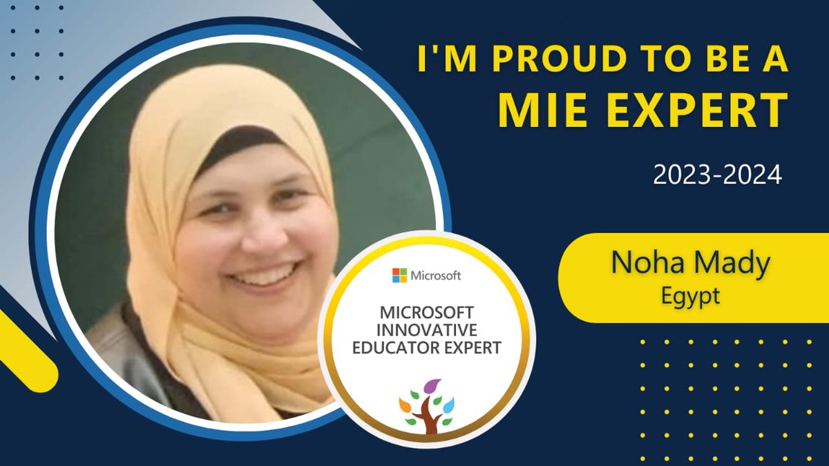 😊♥️الحمد والشكر لله
للعام السادس على التوالى تم اختياري معلم مبدع خبير من شركة مايكروسوفت العالمية
"This year will be awesome . So excited to be selected as an MIE Expert for 2023-2024 
#MicrosoftEdu #MIEExpert."
#فريق_وحدة_الدمج_التكنولوجي